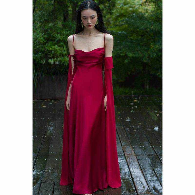 Luxury Senior Sense Acetate Satin Wine Red Bride Wedding Photo Gown Woman - Magellan Fashion Shop