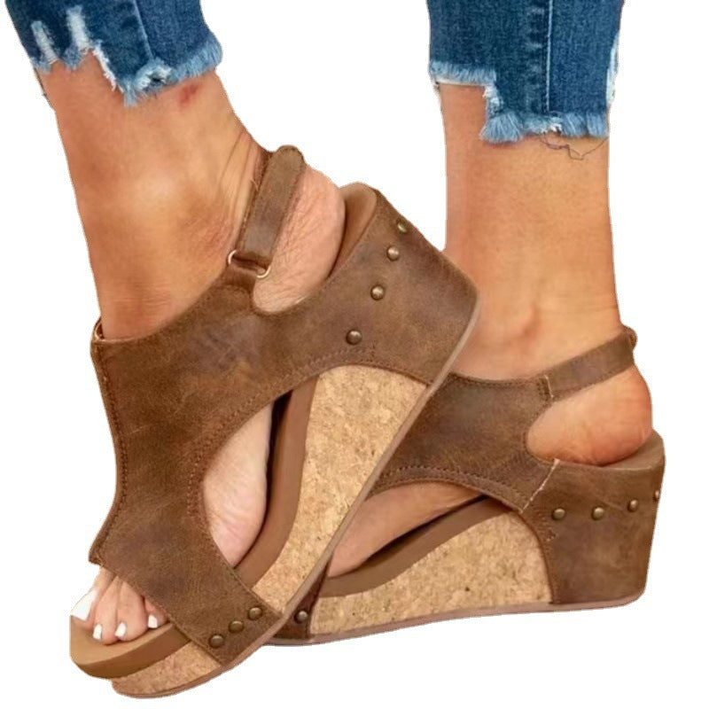 Women's Wedge Peep Toe Platform Rivet Sandals - Magellan Fashion Shop
