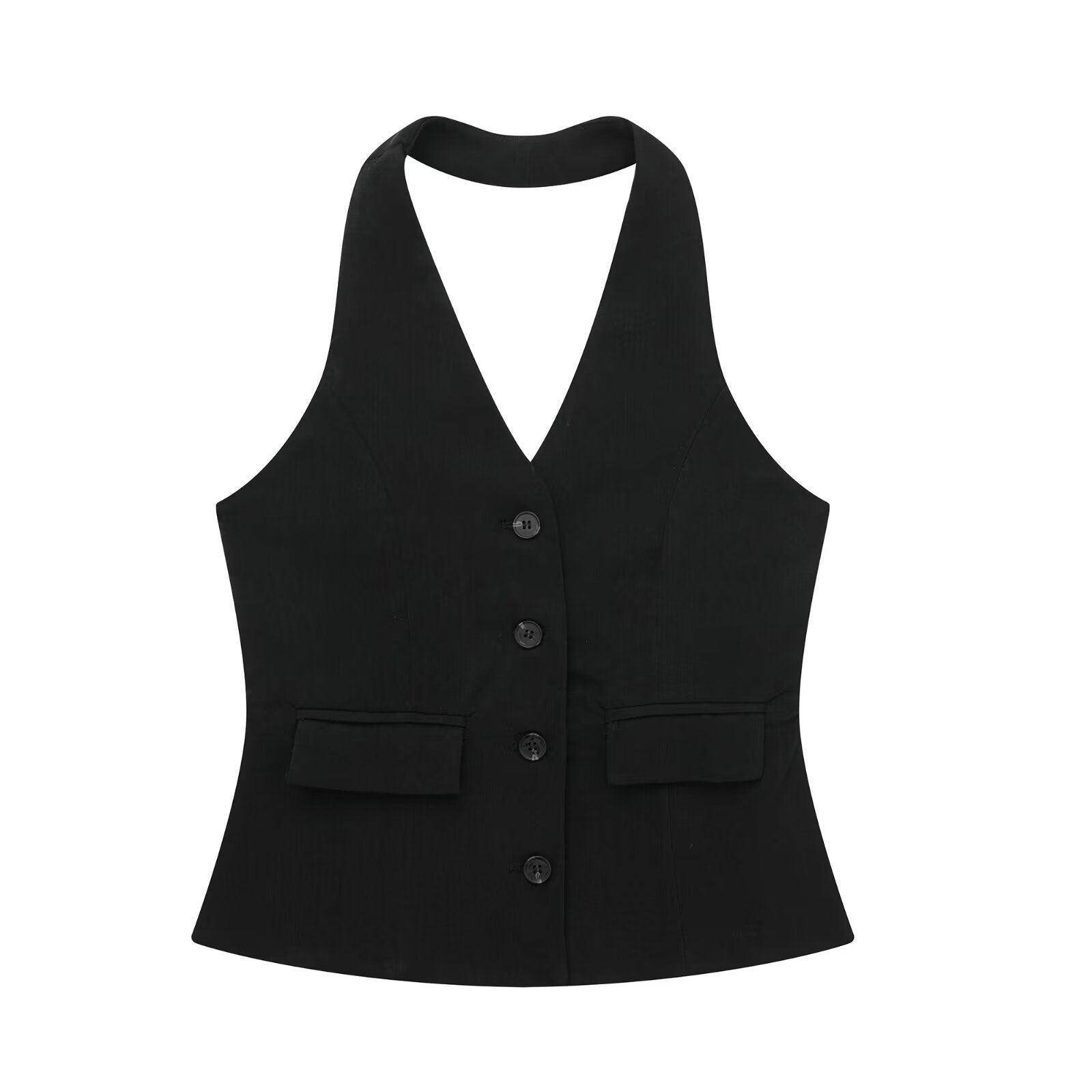 Pleated Wide Leg Pants Backless Hanging Collar Vest - Magellan Fashion Shop