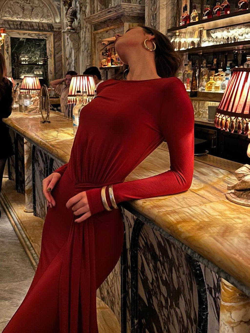 Burgundy Red Backless Chain Long Sleeve Dress - Magellan Fashion Shop