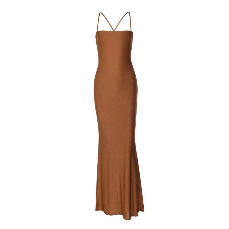 Pure Color Tube-top Backless Stitching Hollow Out Tied Slim Fit Dress - Magellan Fashion Shop
