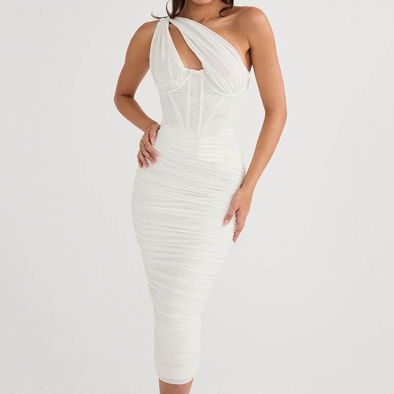 Summer Dress Lady Oblique Shoulder Hollow - Magellan Fashion Shop