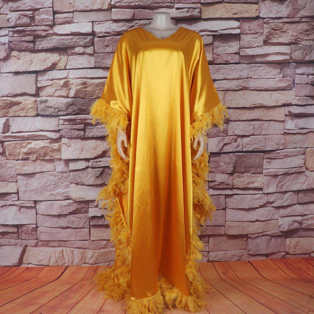 African Women's Loose Dress Luxury Fully Surrounded Light Feather Batwing Sleeve High Slit Robe - Magellan Fashion Shop