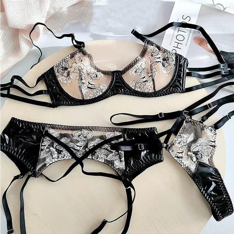 Seductive Embroidered Lace Leather Black Bra Garter Three-piece Set - Magellan Fashion Shop