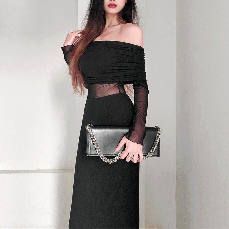 Women's Winter Sexy Off-the-shoulder Pleated Long Sleeve Polyester Dress - Magellan Fashion Shop