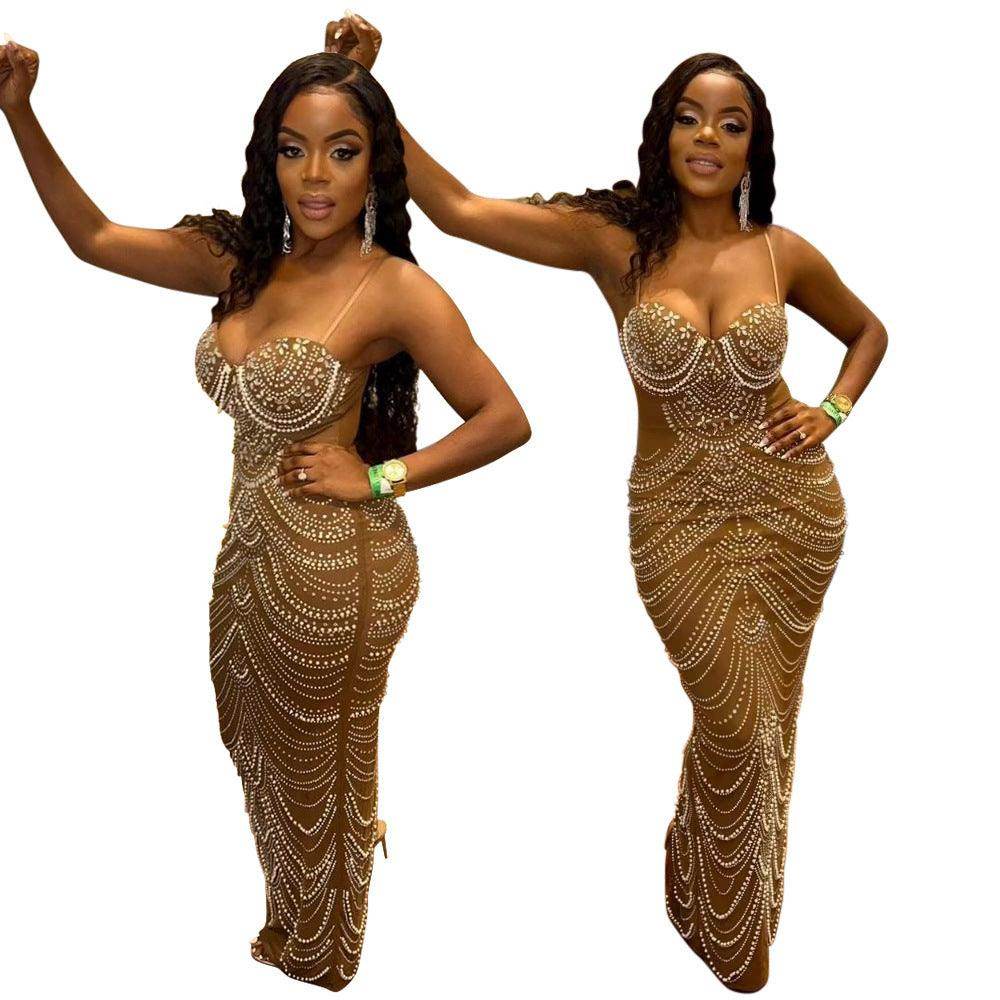 Sling Hot Drilling Foam Beads Evening Dress - Magellan Fashion Shop