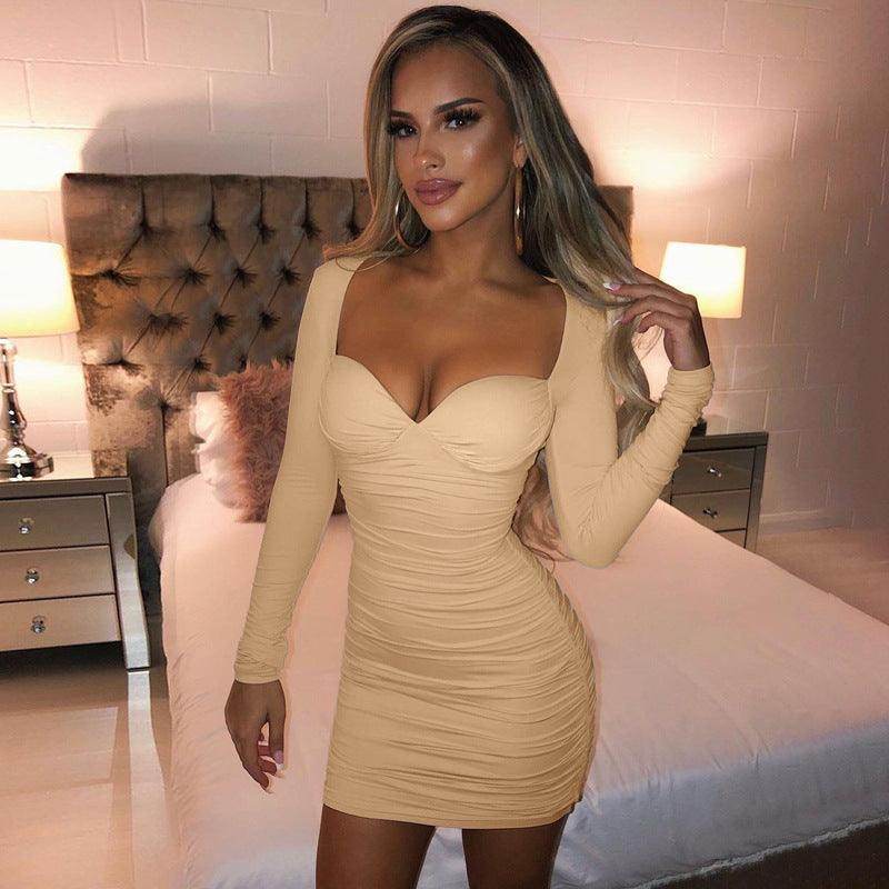 Women's Deep V Tube Top Long Sleeve Slim-fit Pleated Dress - Magellan Fashion Shop