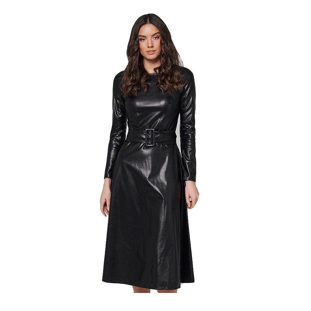 Solid Color PU Leather Round Neck Slim Fit Belt Waist-tight Jumpsuit - Magellan Fashion Shop