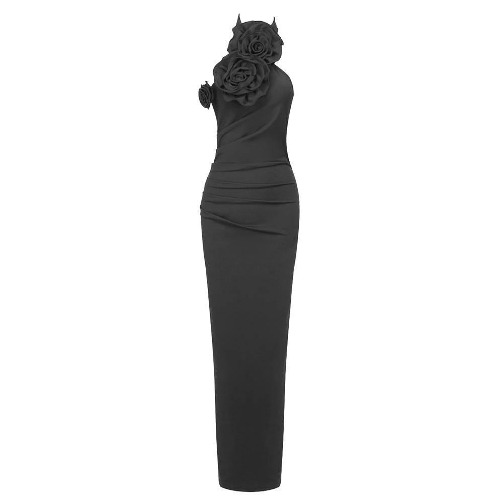 New Style White Ribbon Flower Halter Long Dress - Magellan Fashion Shop