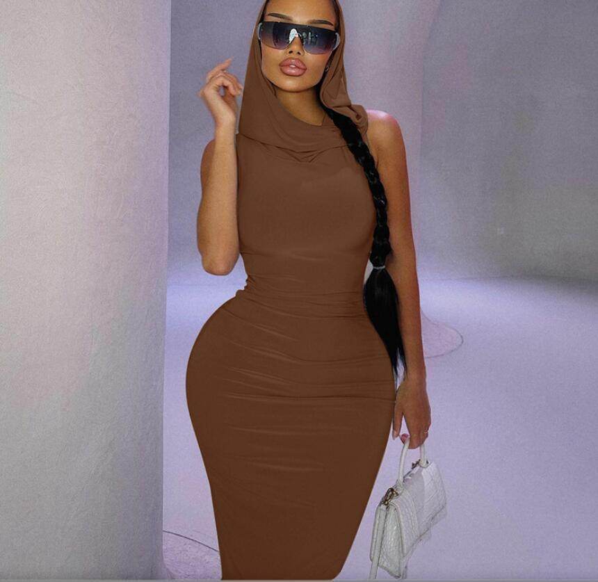 Summer Fashion Solid Color Hooded Back Slit Sleeveless Dress - Magellan Fashion Shop