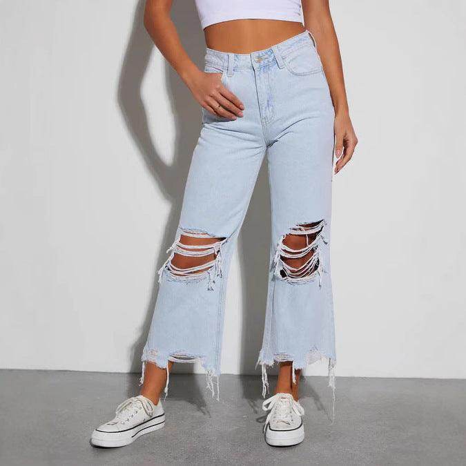 Women's Casual Loose Mid Waist Ripped Cropped Jeans - Magellan Fashion Shop