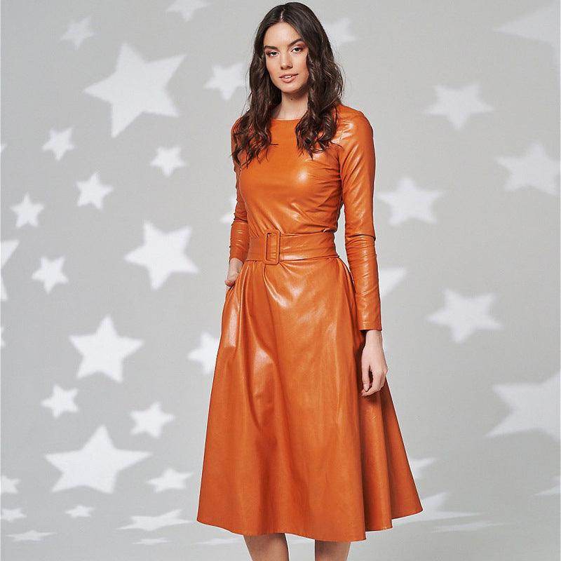 Solid Color PU Leather Round Neck Slim Fit Belt Waist-tight Jumpsuit - Magellan Fashion Shop