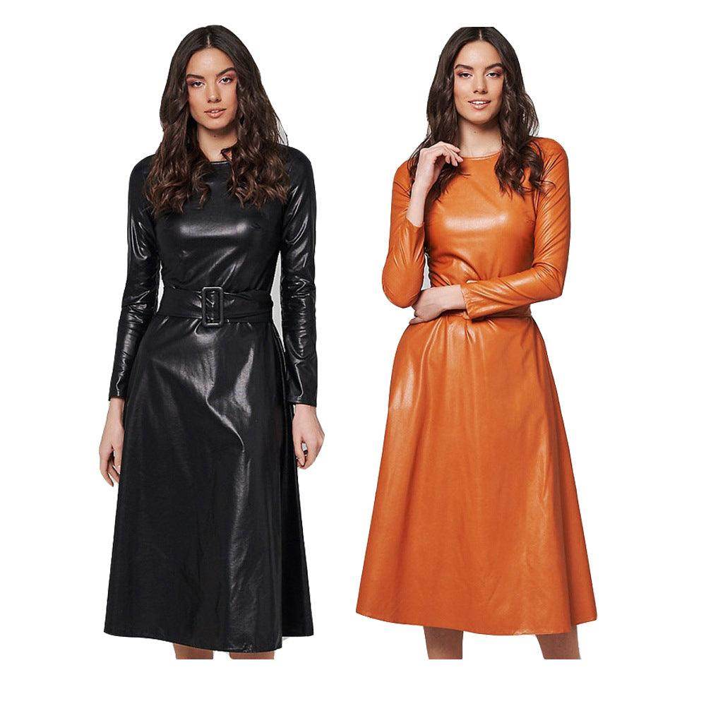 Solid Color PU Leather Round Neck Slim Fit Belt Waist-tight Jumpsuit - Magellan Fashion Shop