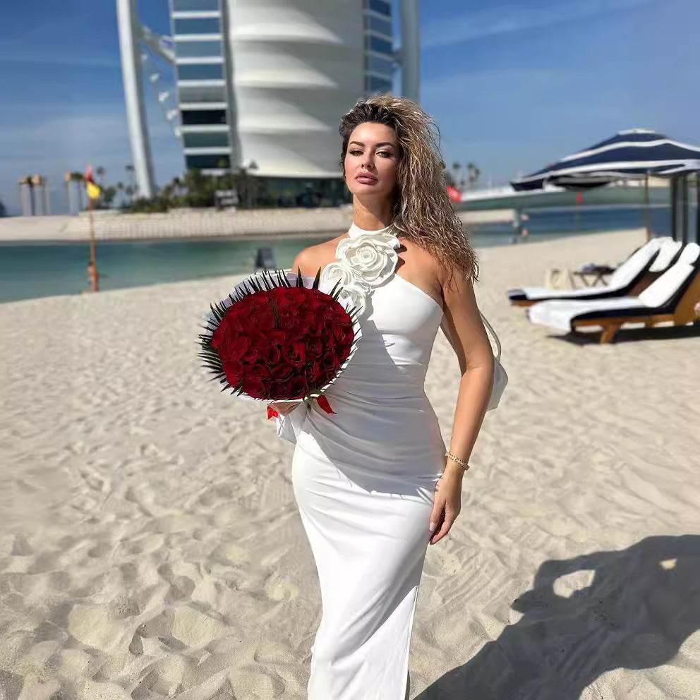 New Style White Ribbon Flower Halter Long Dress - Magellan Fashion Shop