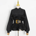 Stand Collar Long Sleeve Pleated Ruffled Sneaky Design Lace-up Top - Magellan Fashion Shop
