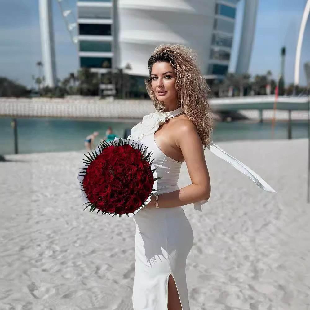 New Style White Ribbon Flower Halter Long Dress - Magellan Fashion Shop