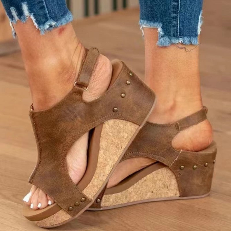 Women's Wedge Peep Toe Platform Rivet Sandals - Magellan Fashion Shop