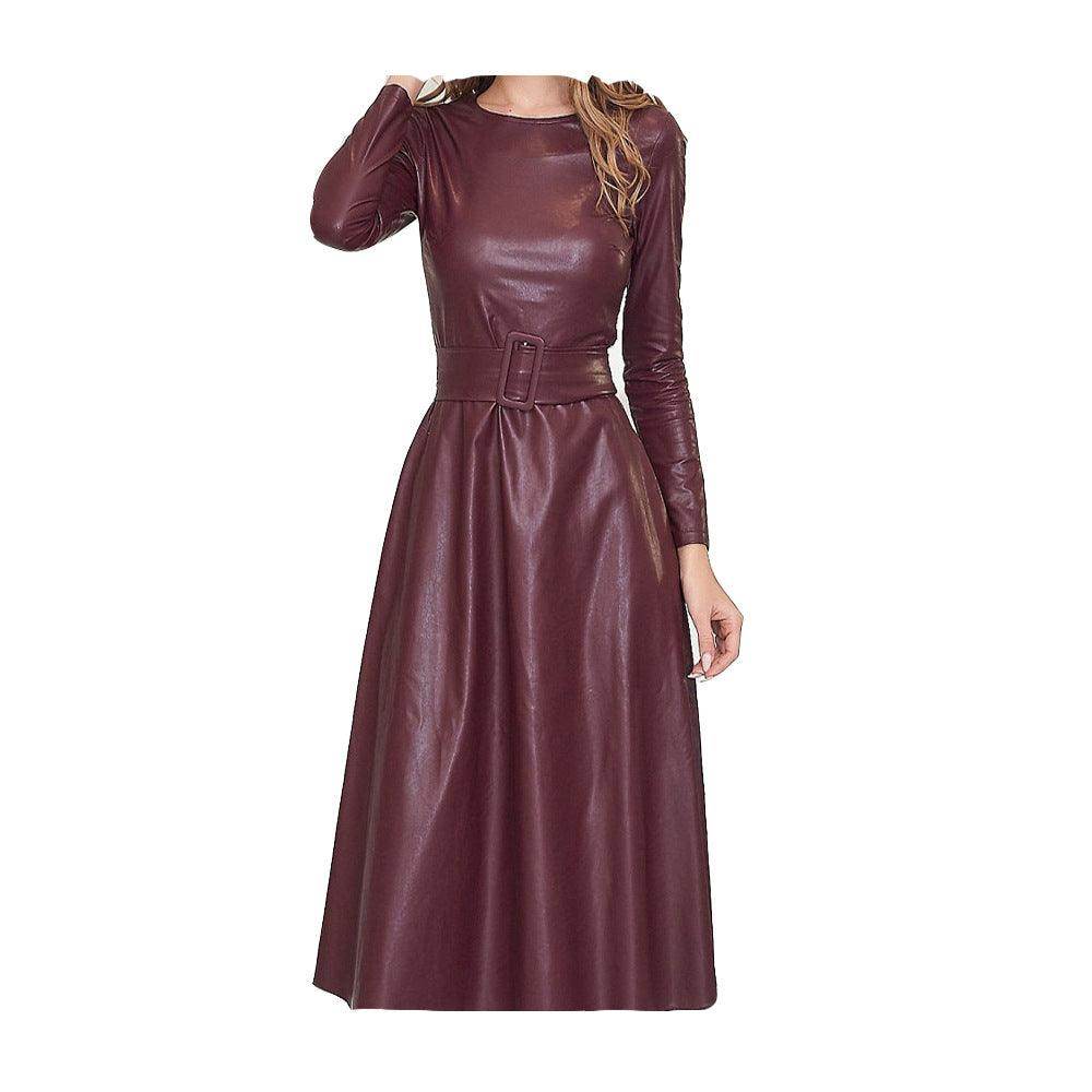 Solid Color PU Leather Round Neck Slim Fit Belt Waist-tight Jumpsuit - Magellan Fashion Shop