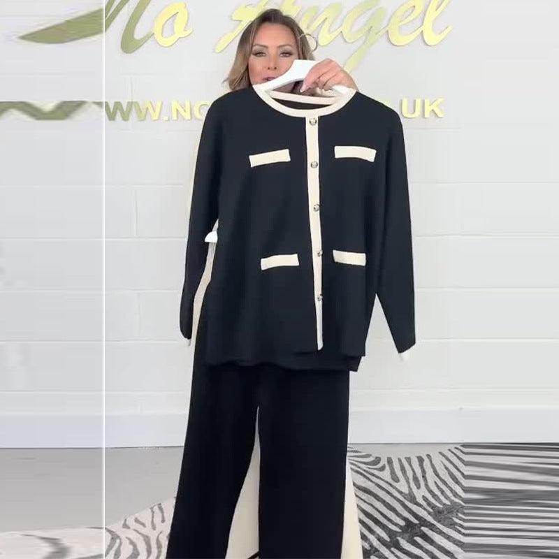 Women's Fashion Color Contrast Classic Style Knitted Trousers Two-piece Set - Magellan Fashion Shop