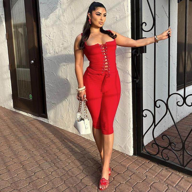 Lace-up Vest Slim-fit Solid Color Shorts Suit - Magellan Fashion Shop