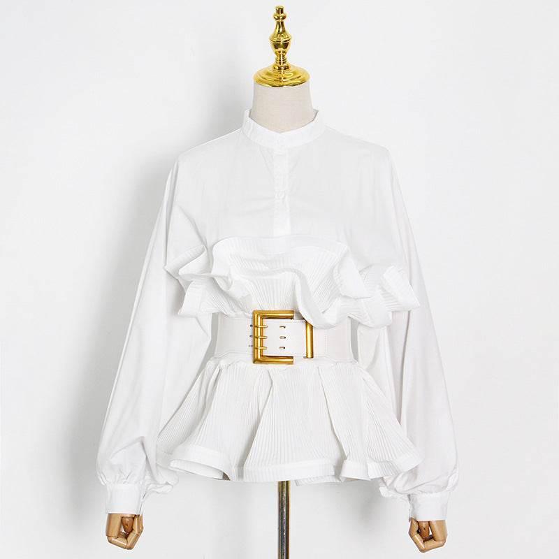 Stand Collar Long Sleeve Pleated Ruffled Sneaky Design Lace-up Top - Magellan Fashion Shop