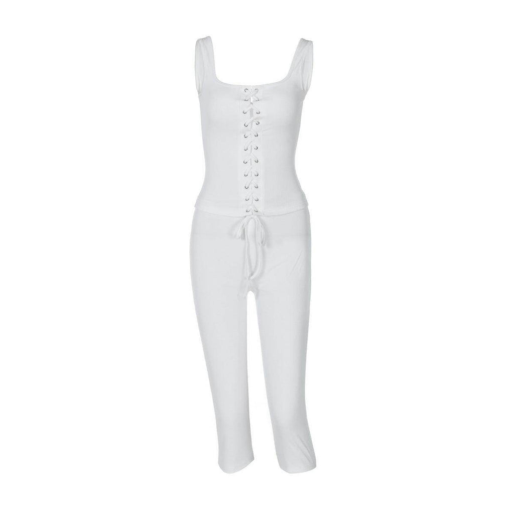 Lace-up Vest Slim-fit Solid Color Shorts Suit - Magellan Fashion Shop