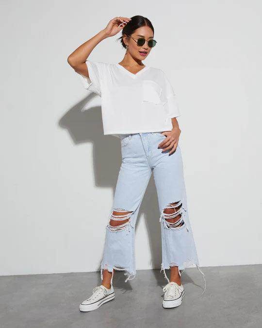 Women's Casual Loose Mid Waist Ripped Cropped Jeans - Magellan Fashion Shop