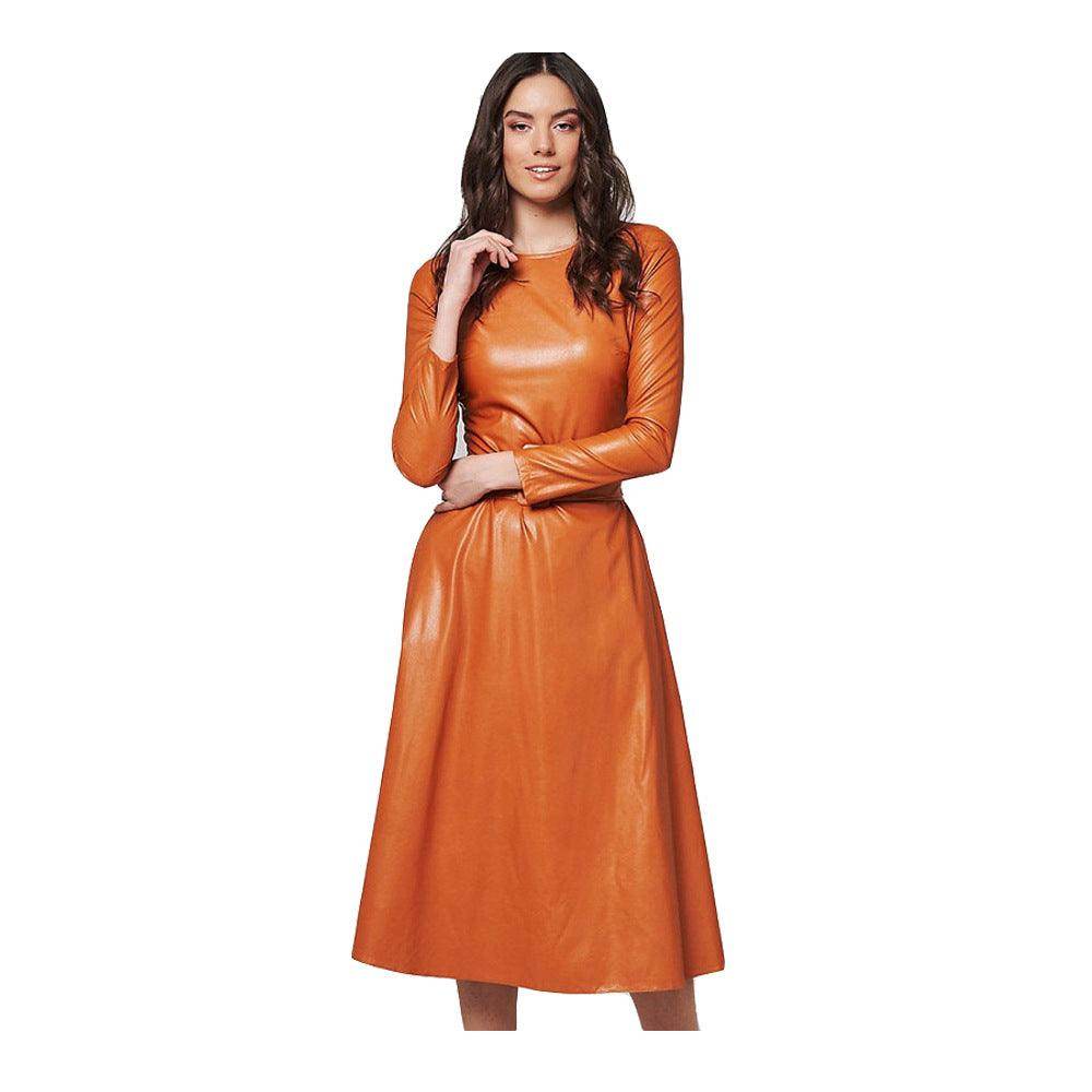 Solid Color PU Leather Round Neck Slim Fit Belt Waist-tight Jumpsuit - Magellan Fashion Shop