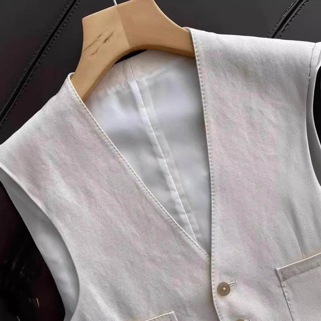 Fashionable Temperament Cotton And Linen Suit Vest Wide Leg Pants Two-piece Set - Magellan Fashion Shop