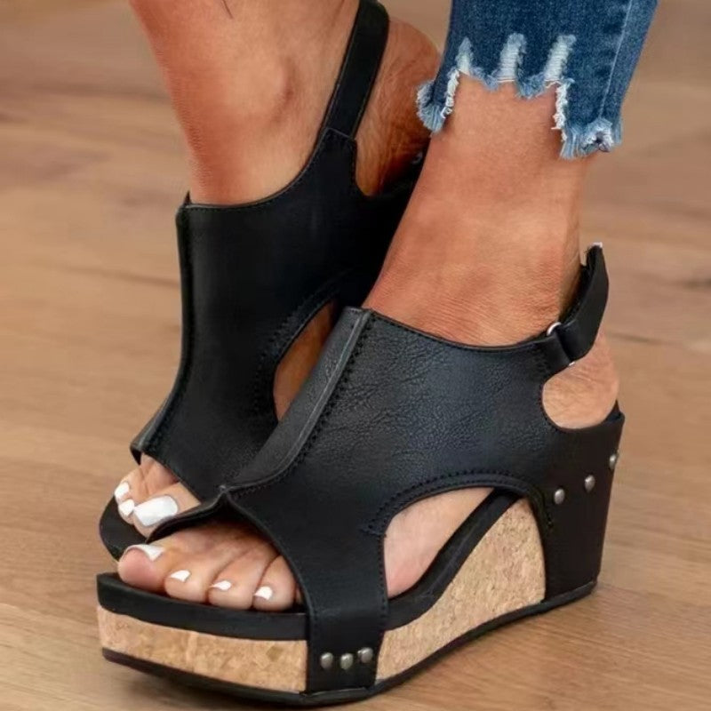 Women's Wedge Peep Toe Platform Rivet Sandals - Magellan Fashion Shop