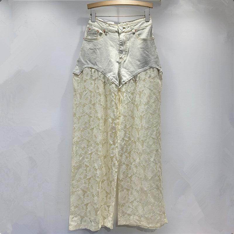 Lace Stitching Straight Wide Leg Jeans - Magellan Fashion Shop