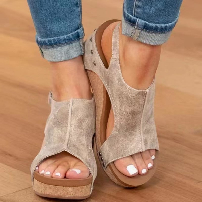 Women's Wedge Peep Toe Platform Rivet Sandals - Magellan Fashion Shop