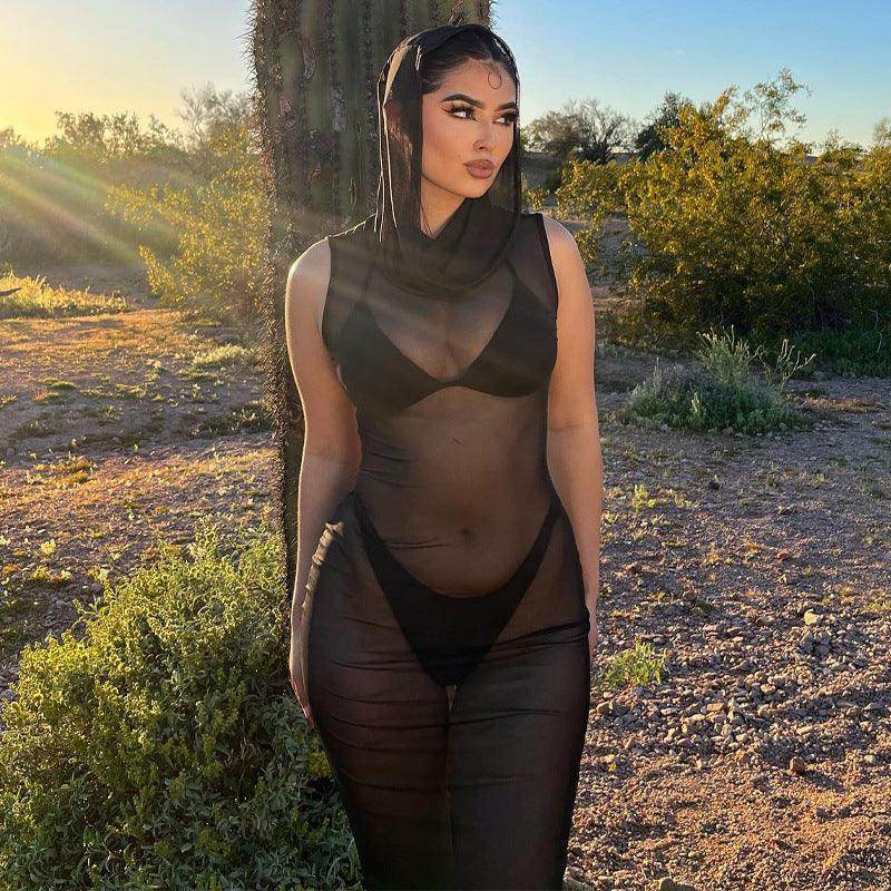 Hooded Mesh See-through Dress - Magellan Fashion Shop