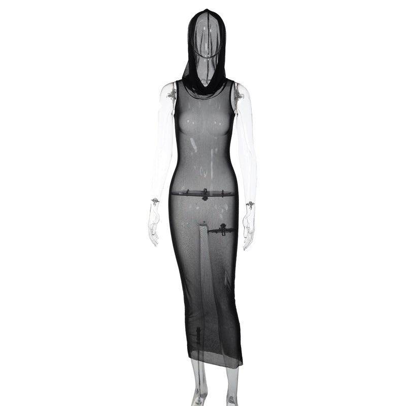 Hooded Mesh See-through Dress - Magellan Fashion Shop