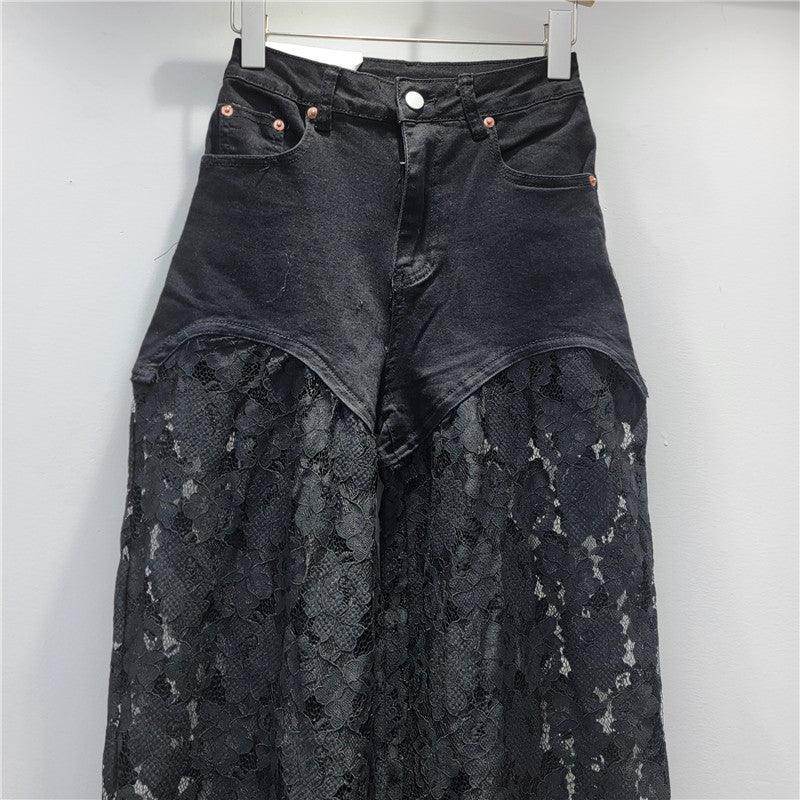 Lace Stitching Straight Wide Leg Jeans - Magellan Fashion Shop