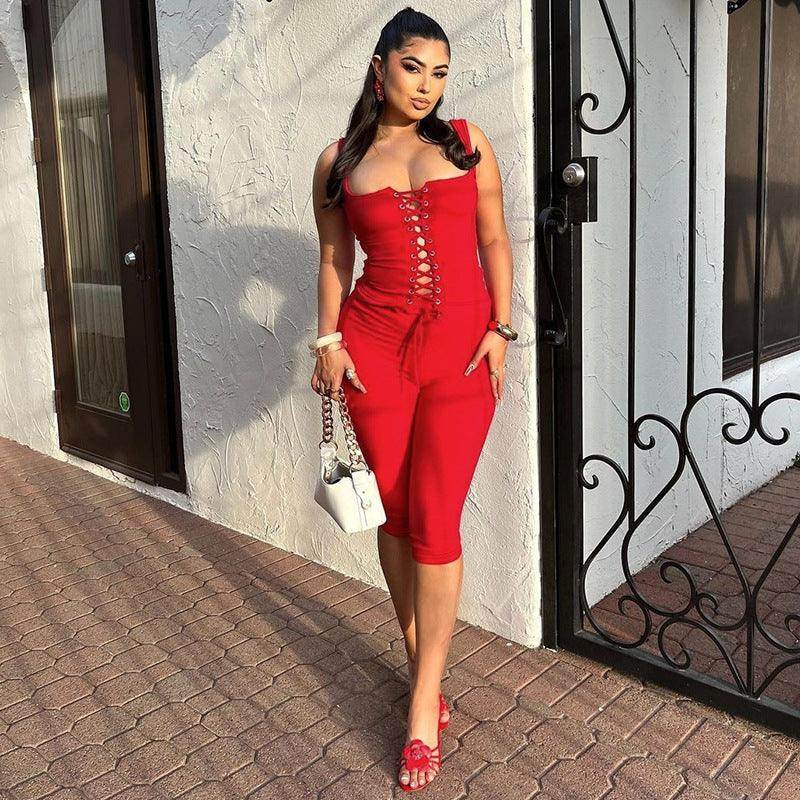 Lace-up Vest Slim-fit Solid Color Shorts Suit - Magellan Fashion Shop