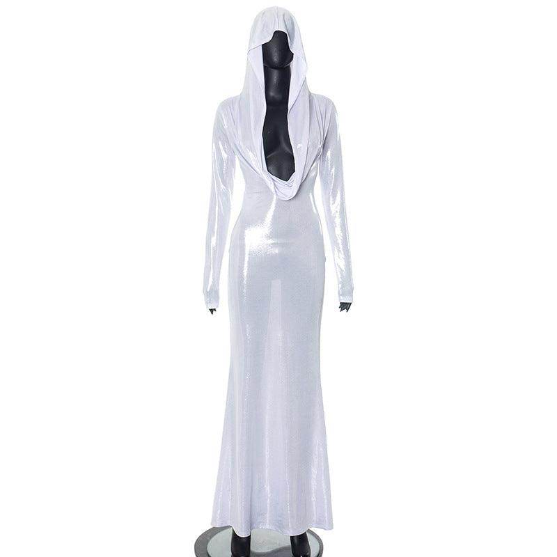 Cross Border Trendy Unique White Hooded Swing Collar High Waist Slim Fit Long Dress - Magellan Fashion Shop