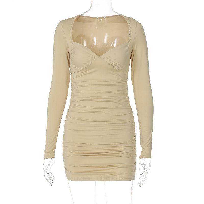 Women's Deep V Tube Top Long Sleeve Slim-fit Pleated Dress - Magellan Fashion Shop