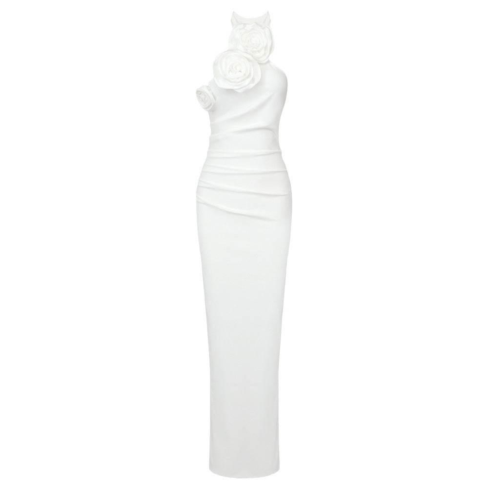 New Style White Ribbon Flower Halter Long Dress - Magellan Fashion Shop