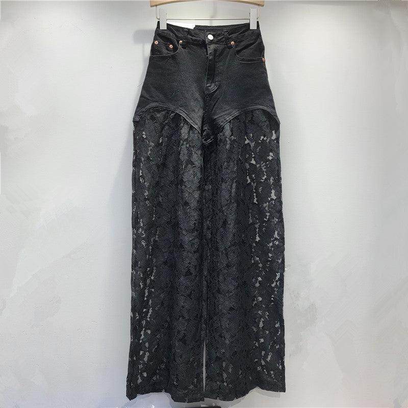 Lace Stitching Straight Wide Leg Jeans - Magellan Fashion Shop