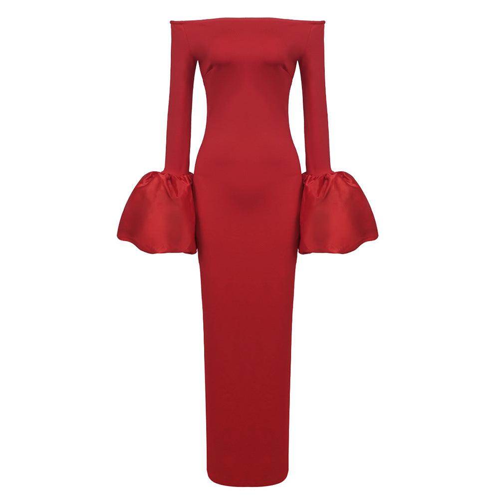 Dress Red And Black Slim-fit Long Sleeve French Lantern Sleeve Dress - Magellan Fashion Shop