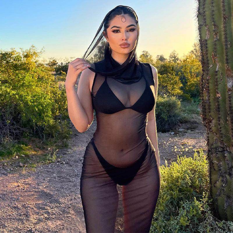 Hooded Mesh See-through Dress - Magellan Fashion Shop