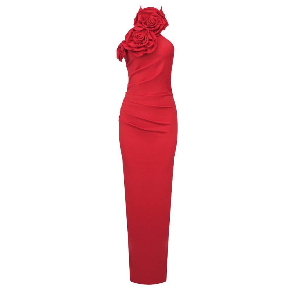 New Style White Ribbon Flower Halter Long Dress - Magellan Fashion Shop