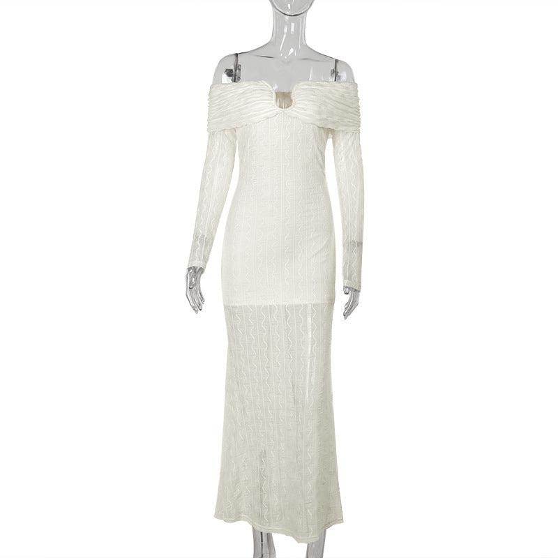 Special-shaped Metal Buckle Off-shoulder Long Sleeve Dress - Magellan Fashion Shop
