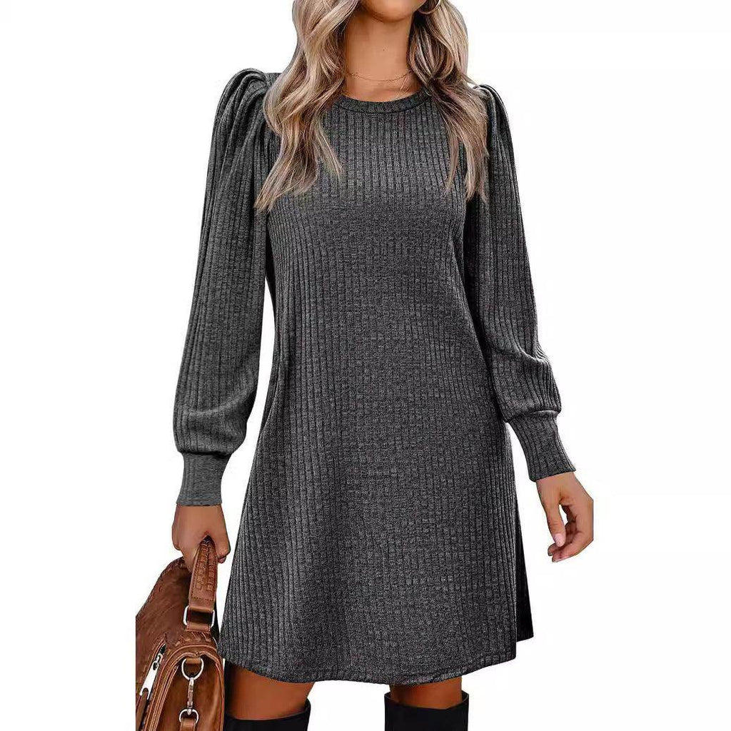 Women's Knitted Puff Sleeve Casual Loose Dress - Magellan Fashion Shop