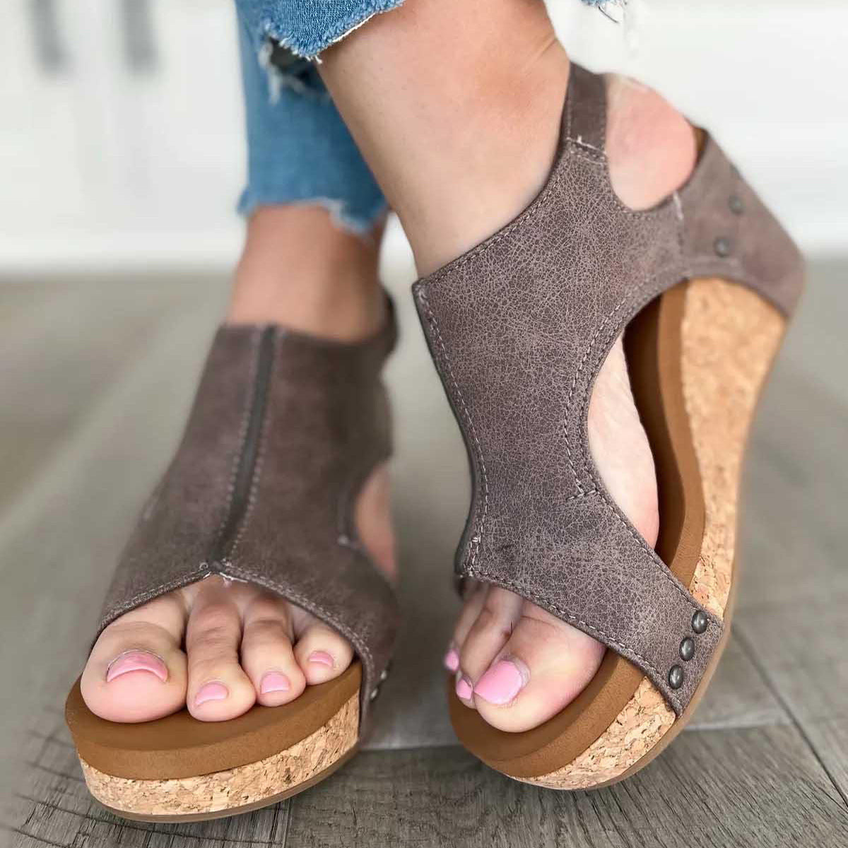 Women's Wedge Peep Toe Platform Rivet Sandals - Magellan Fashion Shop