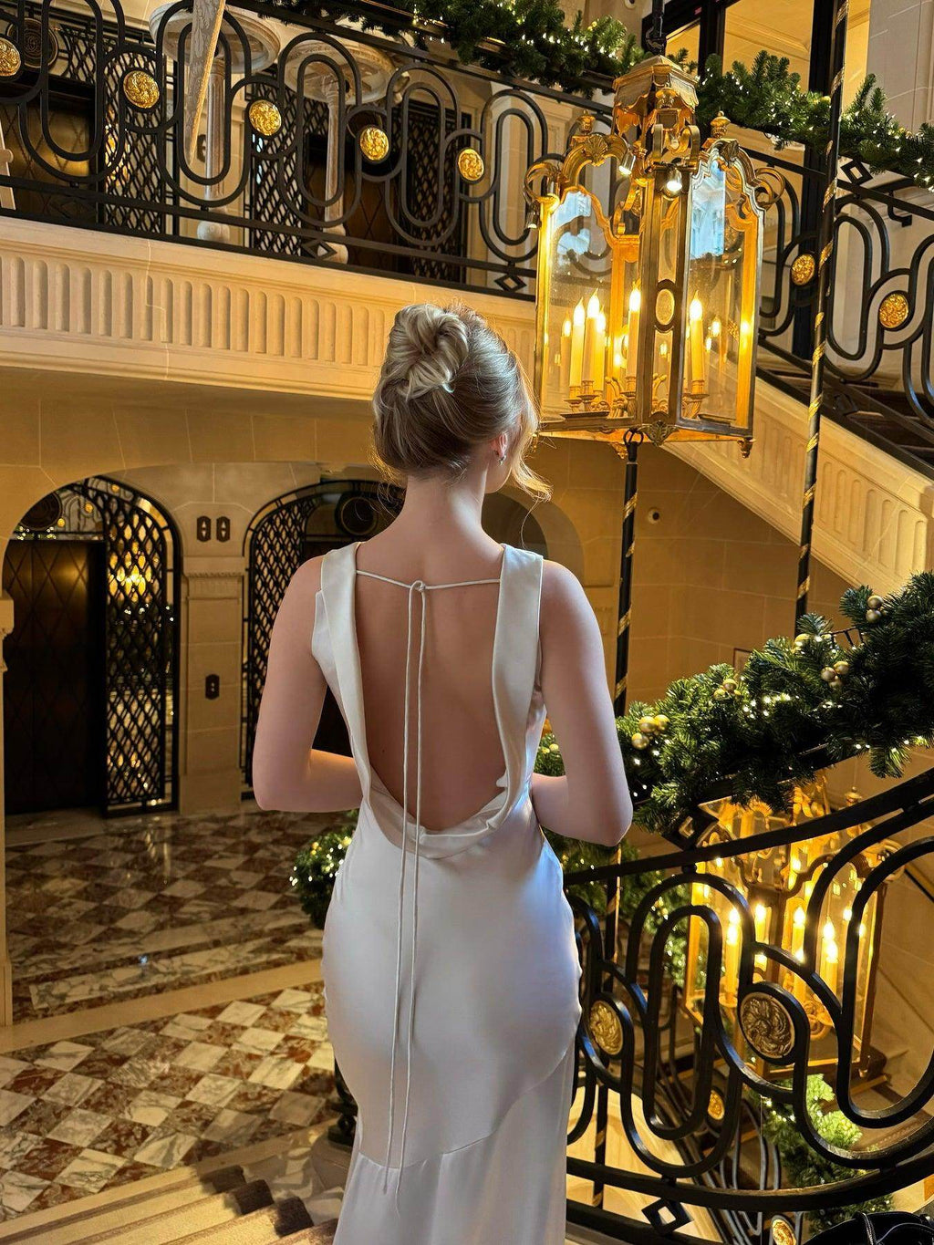 White Satin Draped Collar Backless Dress - Magellan Fashion Shop