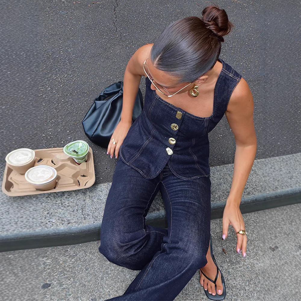 Women's Fashion Casual Single-breasted Denim Vest Pants - Magellan Fashion Shop