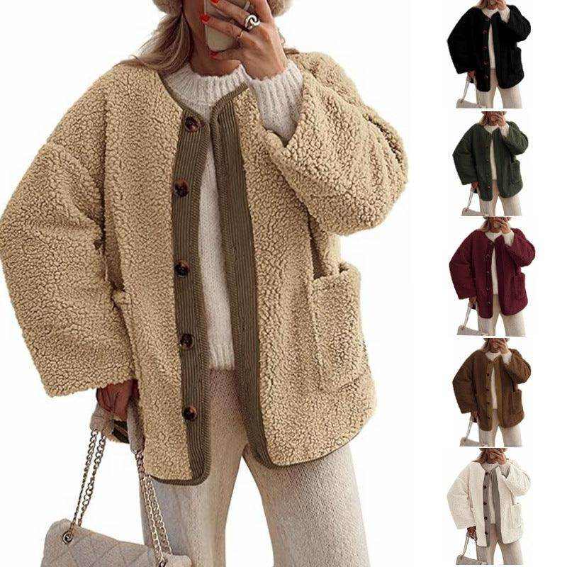 Women's warm winter collarless corduroy jacket in multiple colors with polyester fiber fabric