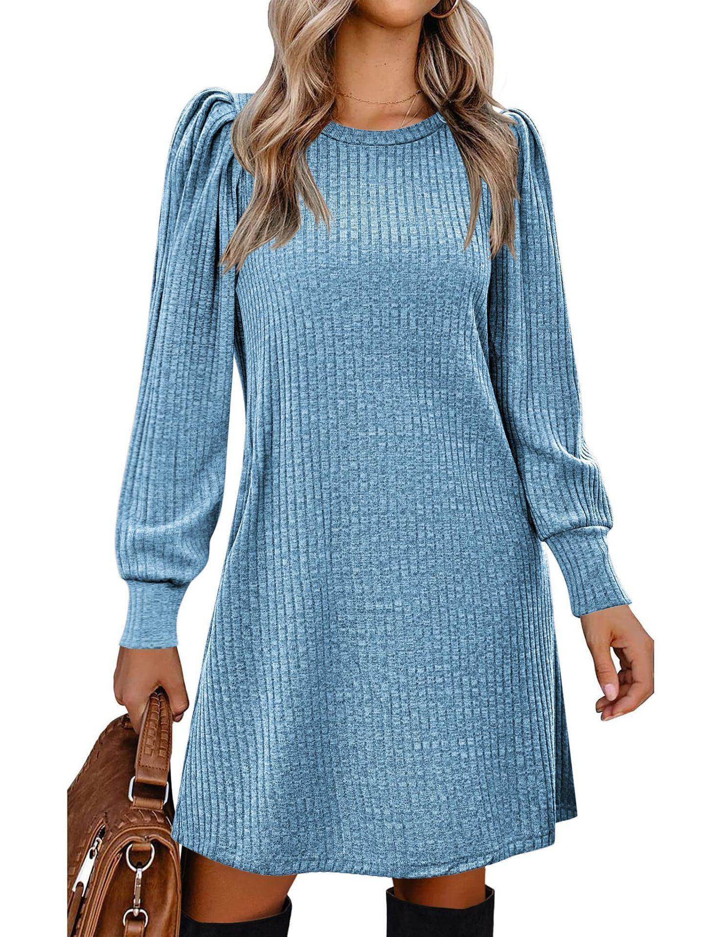Women's Knitted Puff Sleeve Casual Loose Dress - Magellan Fashion Shop